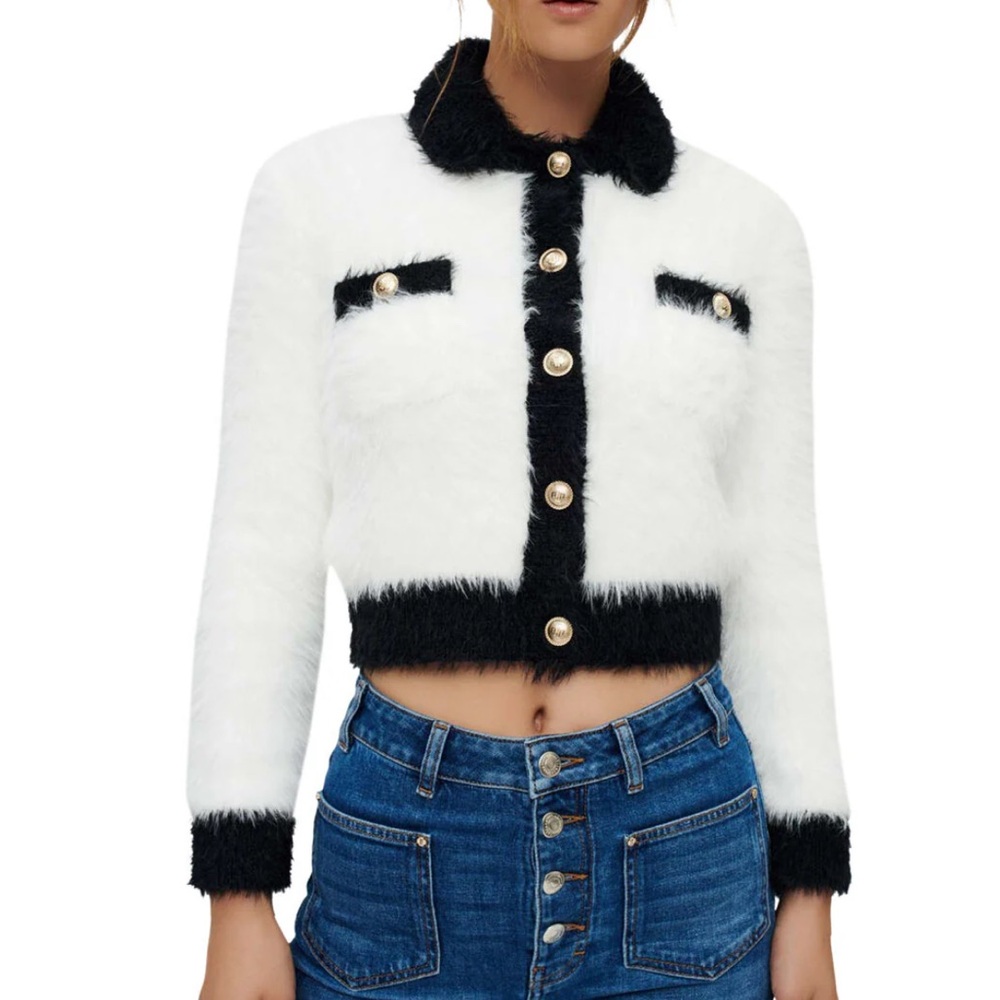 BNWT Maje Fluffy Knit Cardigan In Black / White